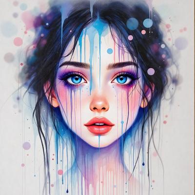 The primary subject of the image is a woman with blue eyes, pink lips, and a blue and purple color scheme. She is depicted with a blue and purple background, which adds to the overall mood of the image. The visual style of the image is a combination of digital art and illustration, creating a unique and artistic representation of the woman.